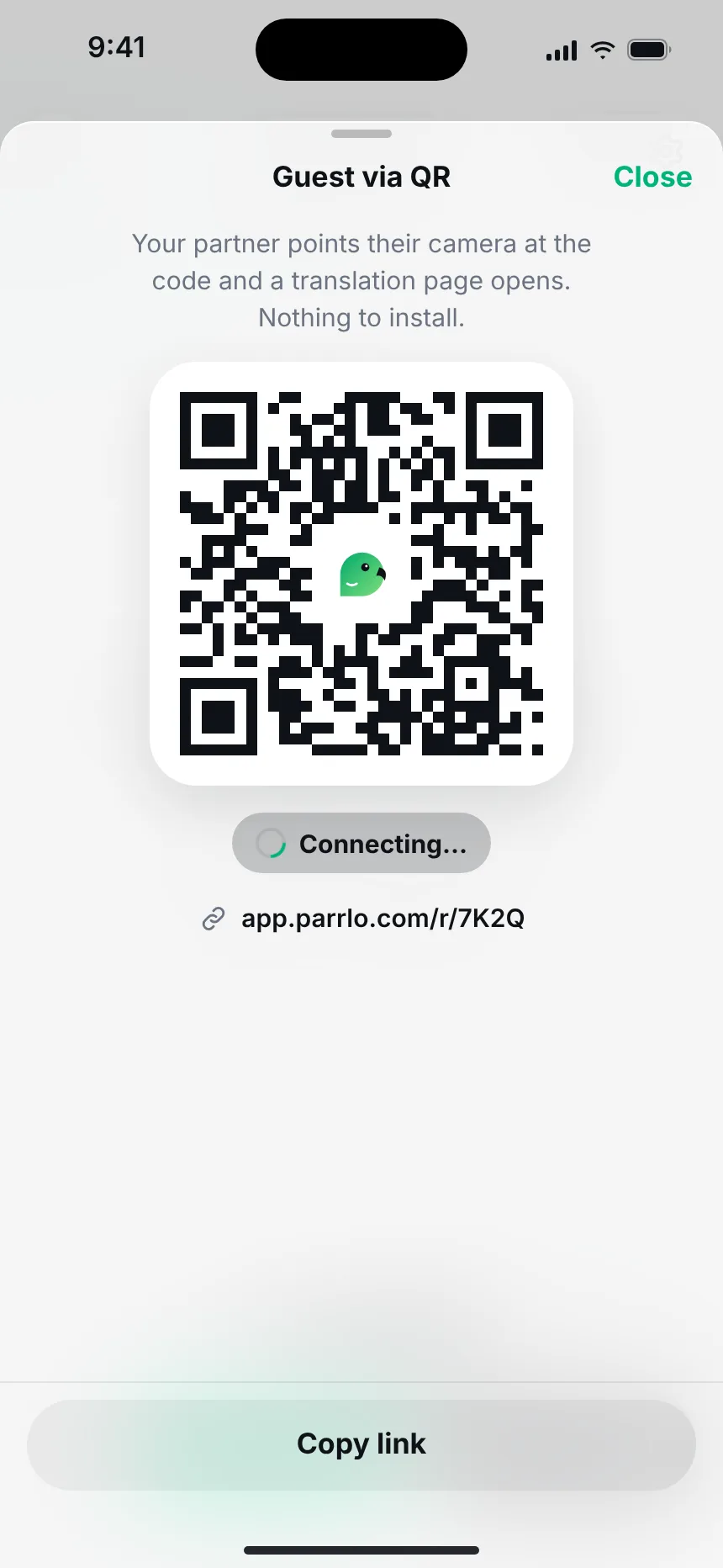 By QR, no install — guest qr connecting